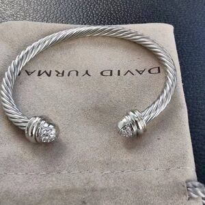 David Yurman Silver Cable Cuff Bracelet with Pavé Endcaps 7mm
